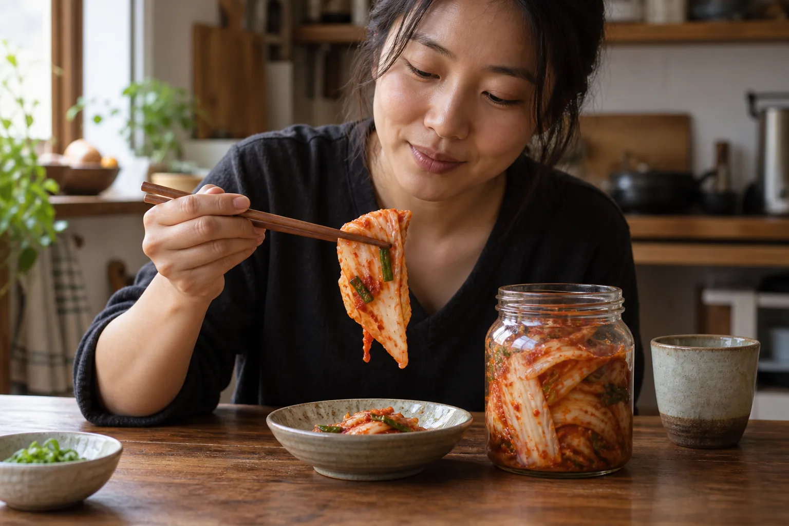 Une femme tient avec des baguettes un morceau de kimchi de chou chinois au-dessus d'un bol, avec un bocal à côté.