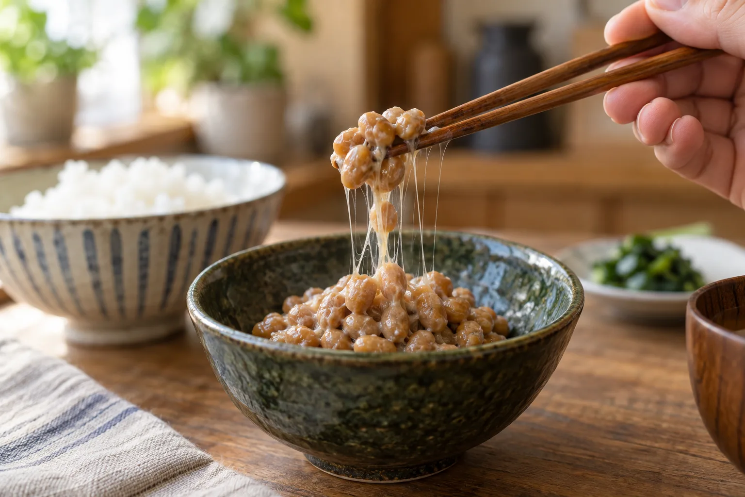 Une main soulève avec des baguettes des graines de natto aux fins fils collants dans un bol vert en céramique, avec du riz en arrière-plan.