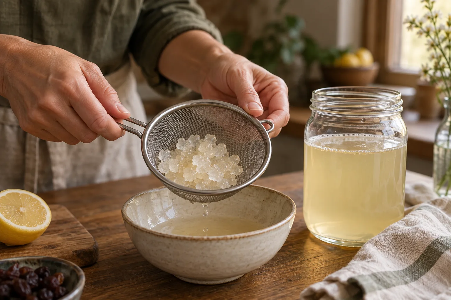 Des mains tiennent une passoire de grains translucides de tibi à côté d’un bocal d’eau.