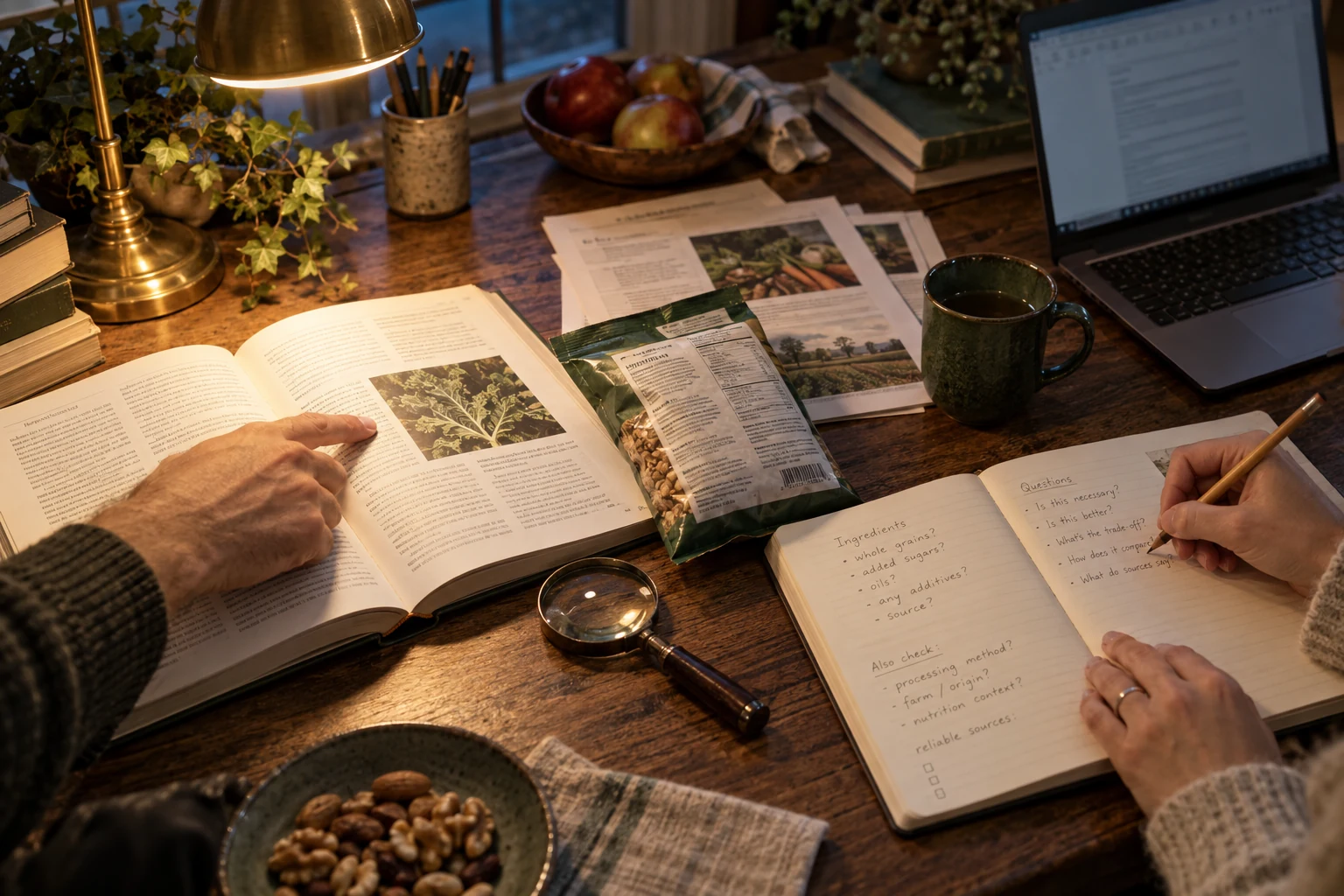 Des mains comparent des sources et des notes sur un bureau.